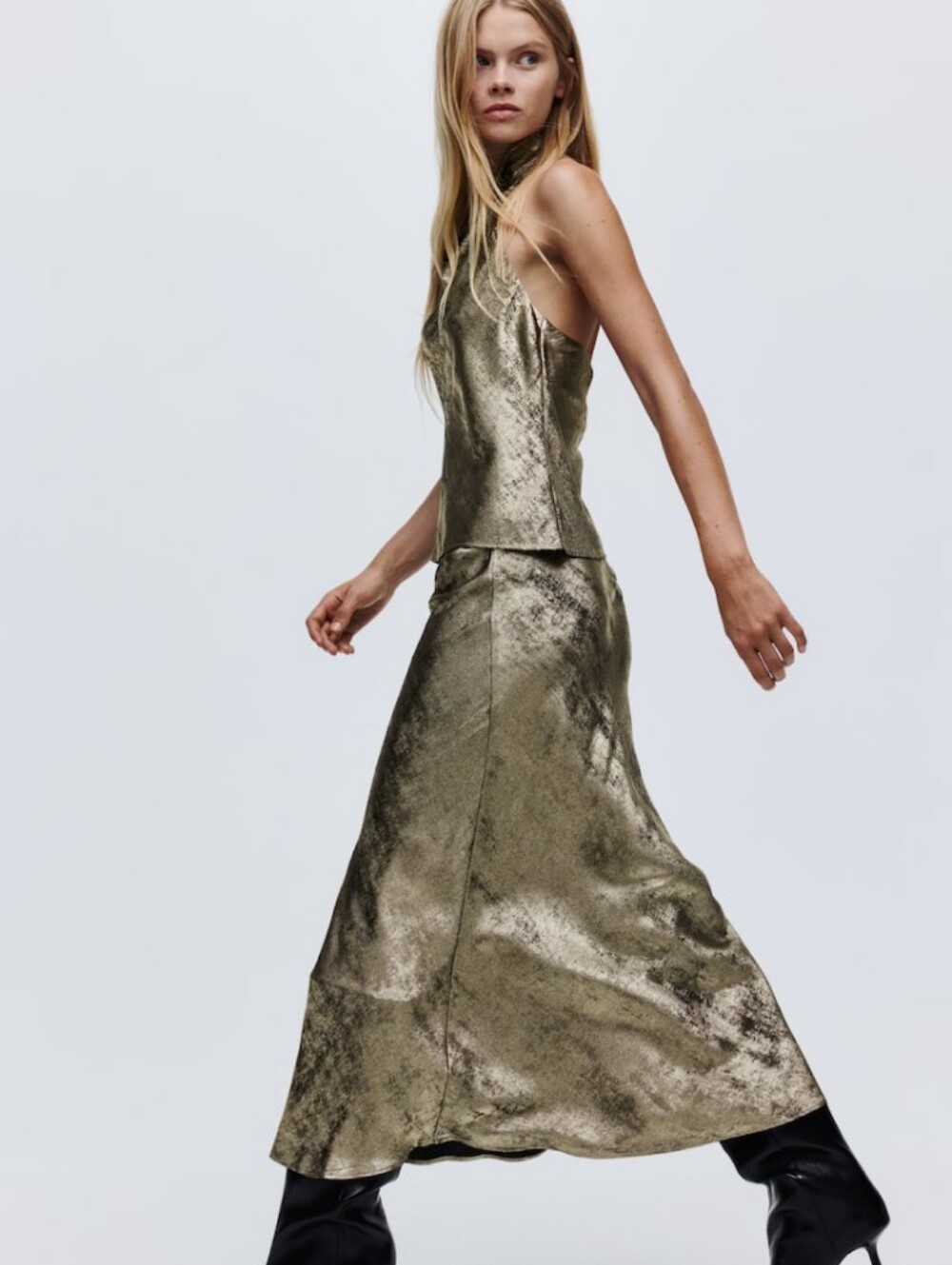 H&M BLOGGER GOLD METALLIC SATIN MAXI MIDI SKIRT XL NEW WITH TAGS